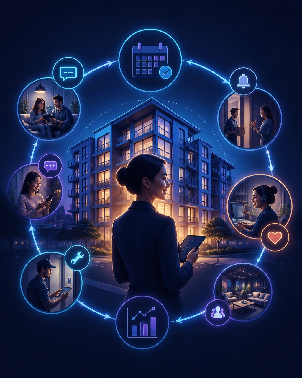 AI-powered resident renewal lifecycle surrounding a modern apartment building