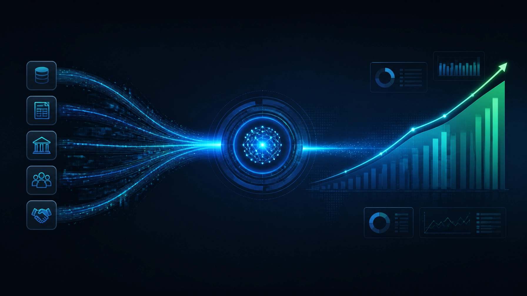 Dark technology illustration of an AI automation system connecting financial data sources to an upward P&L curve