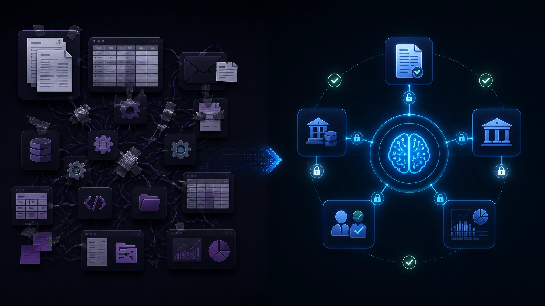 Dark editorial illustration contrasting tangled finance tools with a clean AI orchestration pipeline