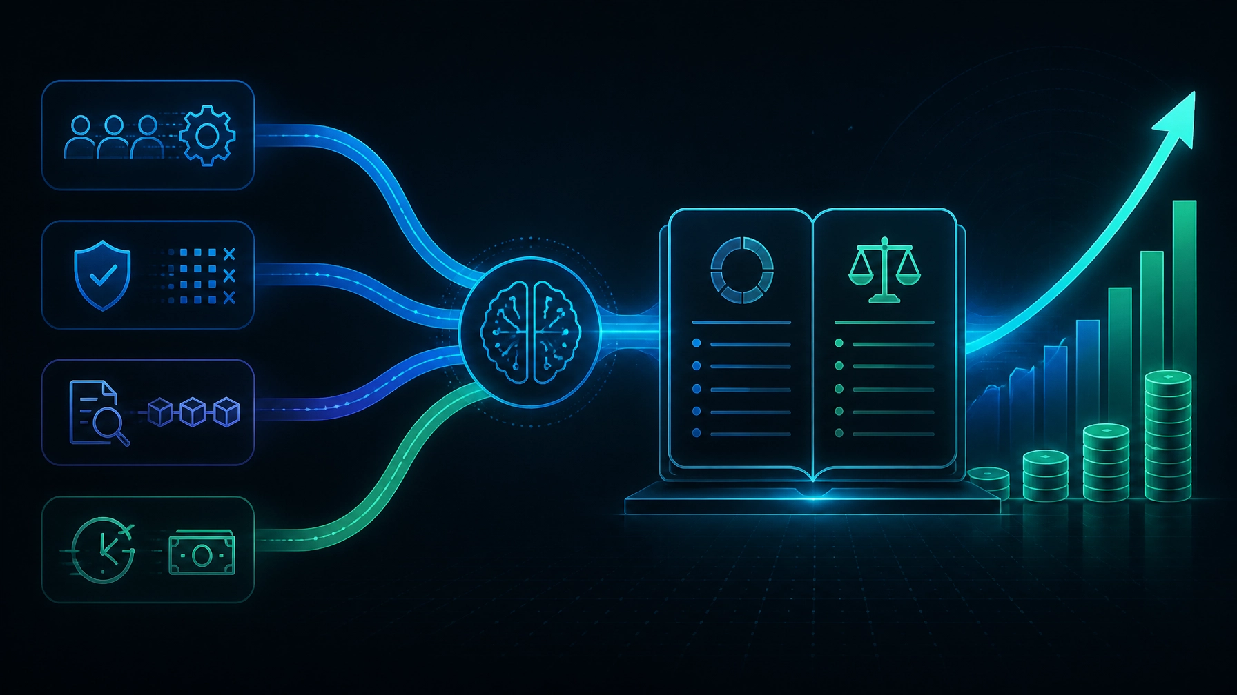 Dark futuristic illustration showing labor capacity, error reduction, audit trails, and cash flow feeding into a financial ledger