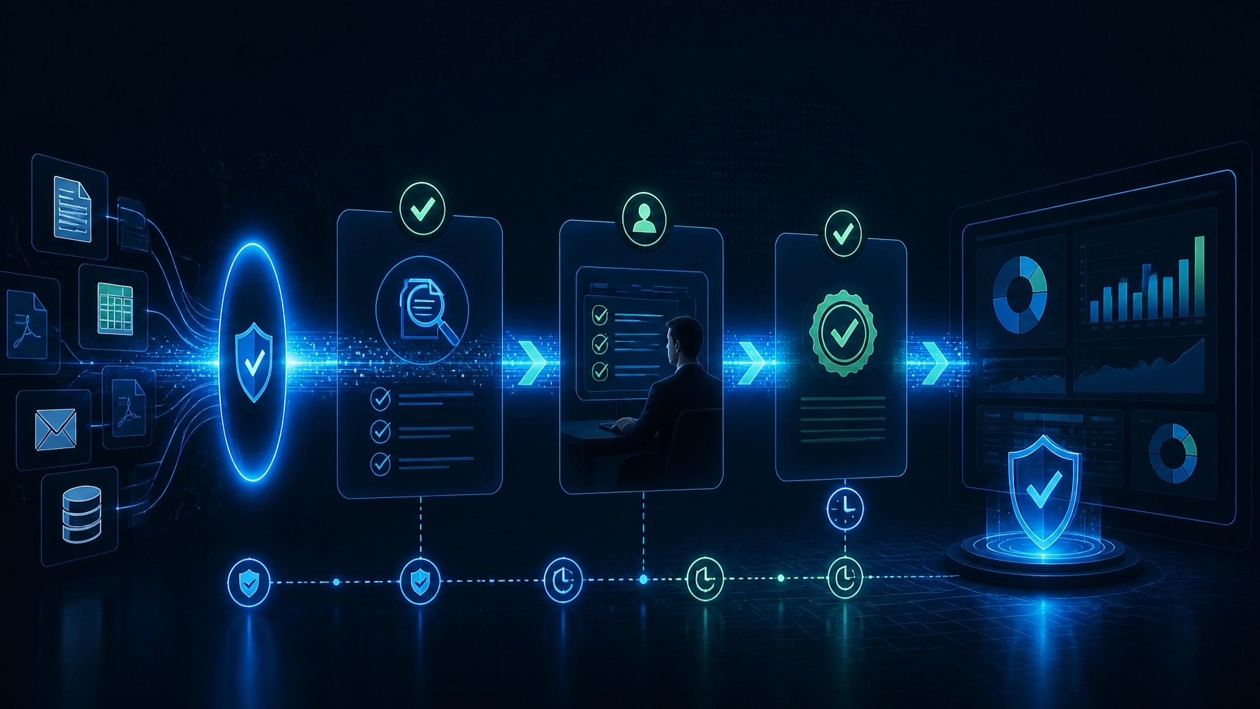 Secure dark-tech illustration of financial documents moving through validation, human approval, and audit-ready reporting