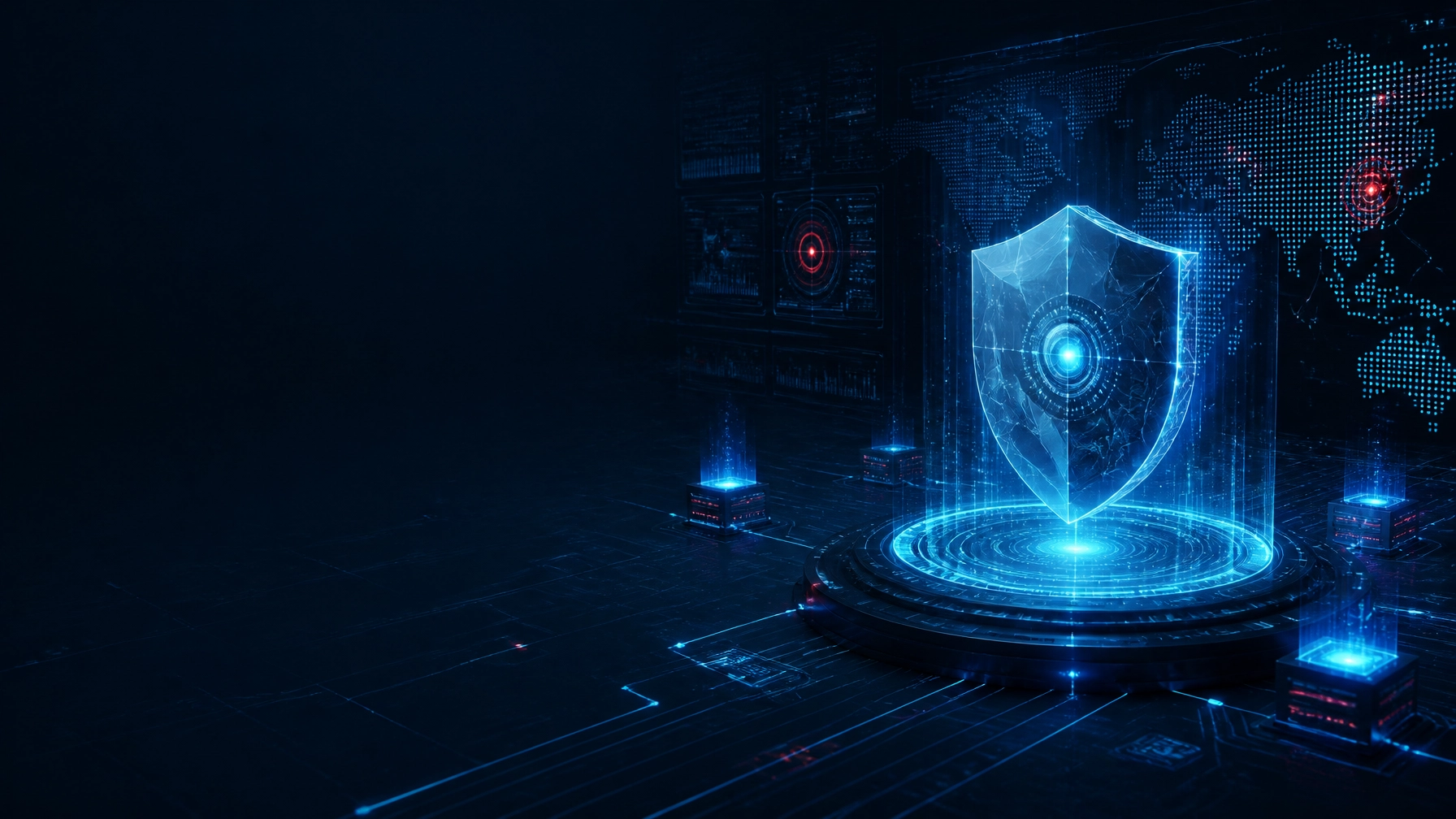 Futuristic cybersecurity command center representing CMMC Level 2 readiness for DoD subcontractors