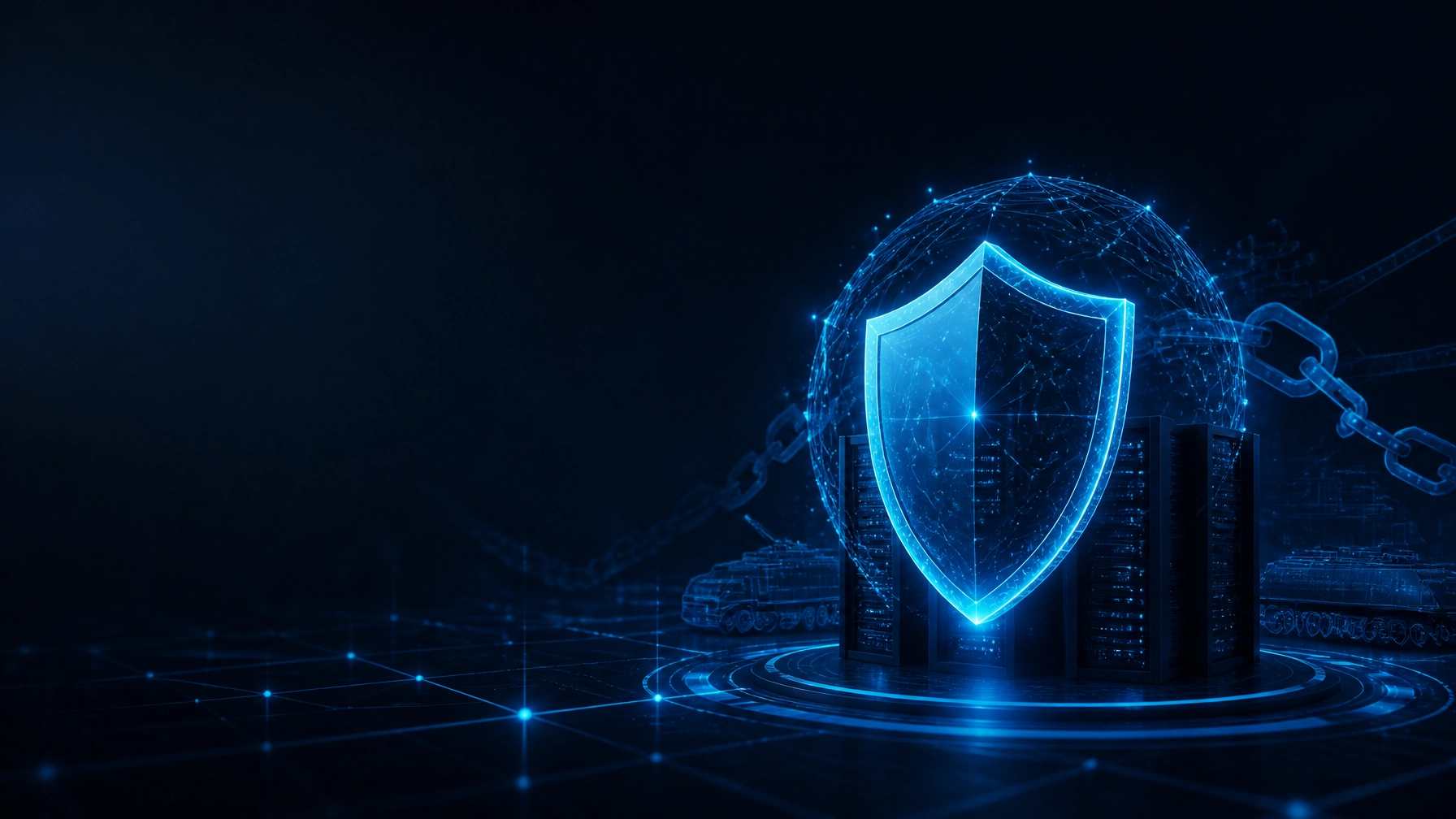 Abstract cybersecurity shield protecting defense contractor servers and CUI