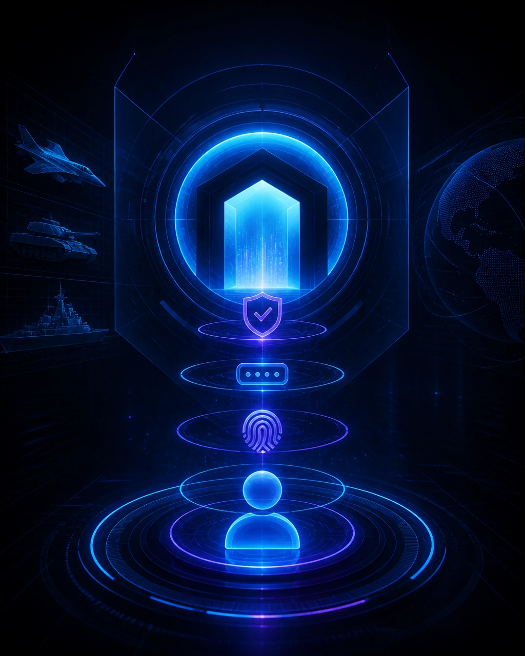 Futuristic identity gateway representing MFA, least privilege, and access control