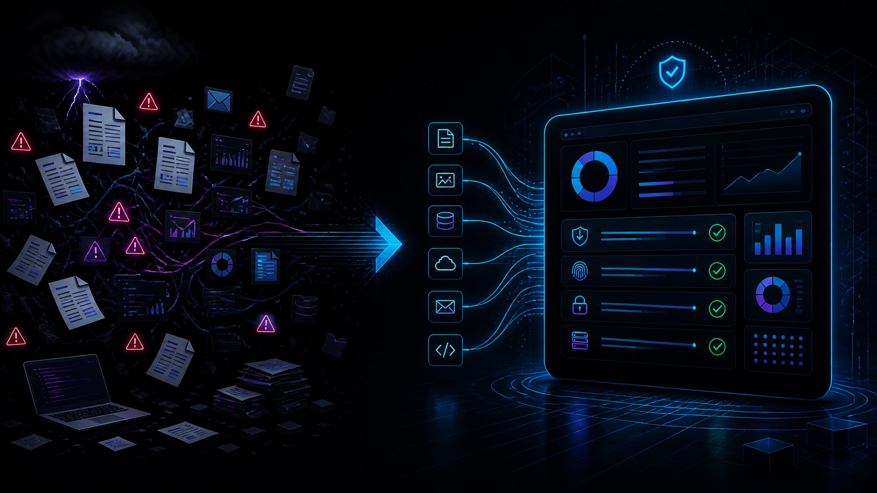 Illustration of disconnected compliance tools and audit evidence transformed into an organized workflow