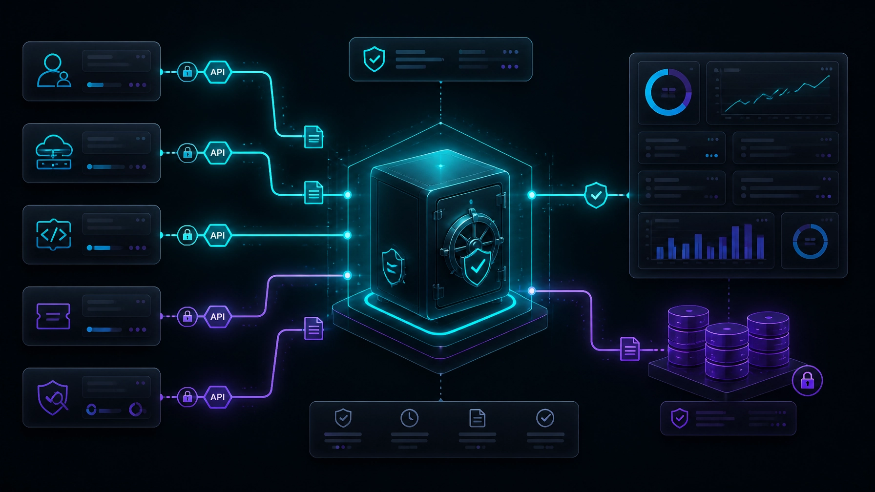 Secure API pipelines connecting identity, cloud, ticketing, scanning, and logging systems to a central evidence repository